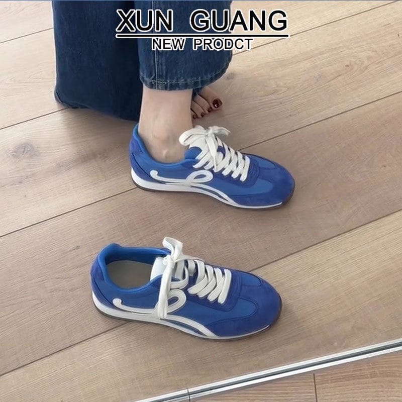 Dámske tenisky z pravej kože s dizajnom farebného bloku, šnúrky, guľatý špička, gumová podrážka