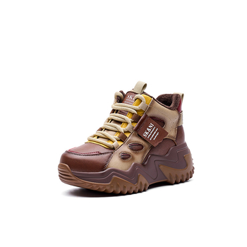 Ženske kožne tenisice u stilu dad shoes, visoki klin 6-8 cm, gornji dio od dvostruke kože, vezanje, PU đon