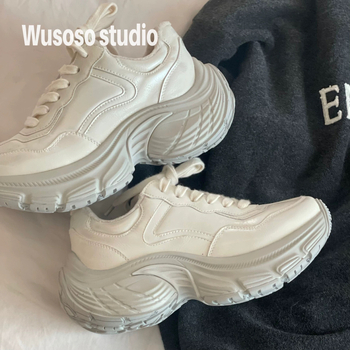 Dámske tenisky z pravej kože, s hrubou gumovou podrážkou - nízky vrch, predné šnurovanie, retro Hongkong štýl pre zimu jar jeseň