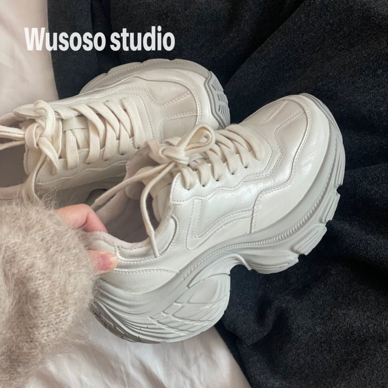 Dámske tenisky z pravej kože, s hrubou gumovou podrážkou - nízky vrch, predné šnurovanie, retro Hongkong štýl pre zimu jar jeseň