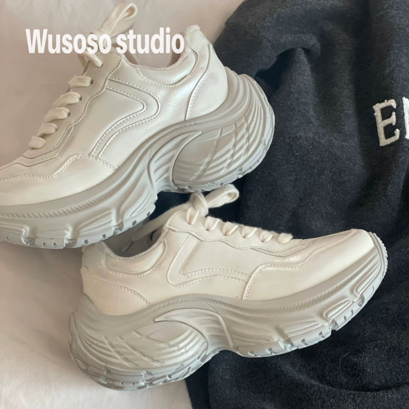 Dámske tenisky z pravej kože, s hrubou gumovou podrážkou - nízky vrch, predné šnurovanie, retro Hongkong štýl pre zimu jar jeseň