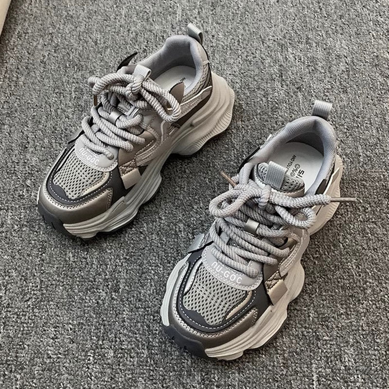 Ženske tenisice za sport i casual stil, retro debeli potplat za povećanje visine, niski gornji dio, sintetička koža, gumeni potplat, vezanje, tekstilna uložak