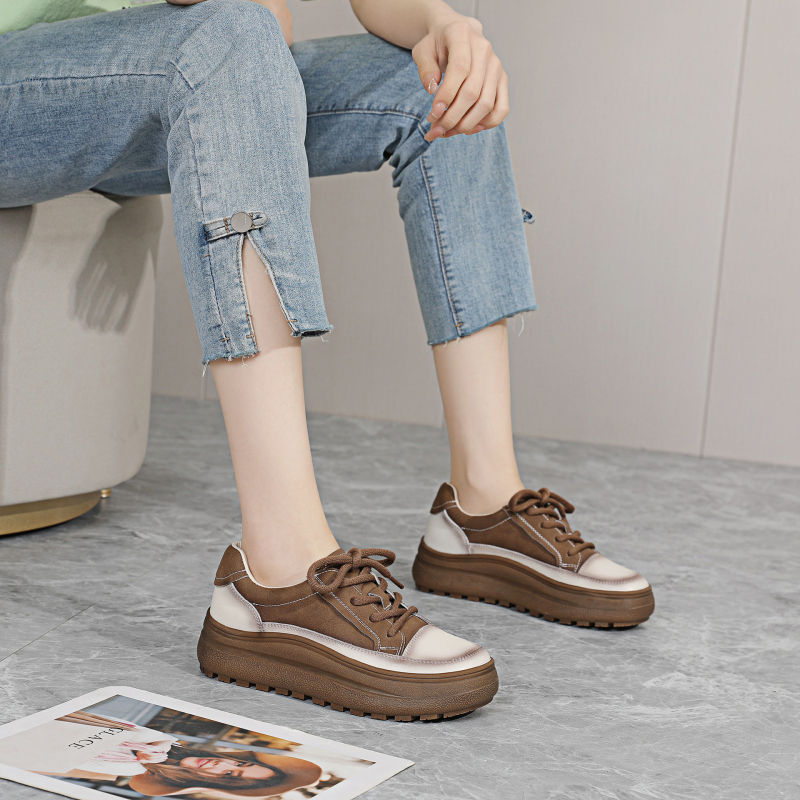 Ženske tenisice od teleće kože s debelim potplatom, vintage casual stil, prednje kopčanje, podstava od mikrovlakana, protuklizni gumeni đon