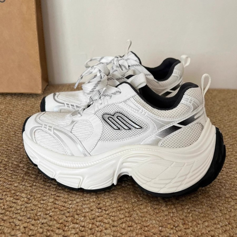 Pantofi de damă stil dad shoes cu platformă, partea superioară din plasă, vârf rotund, închidere cu șireturi, talpă PU