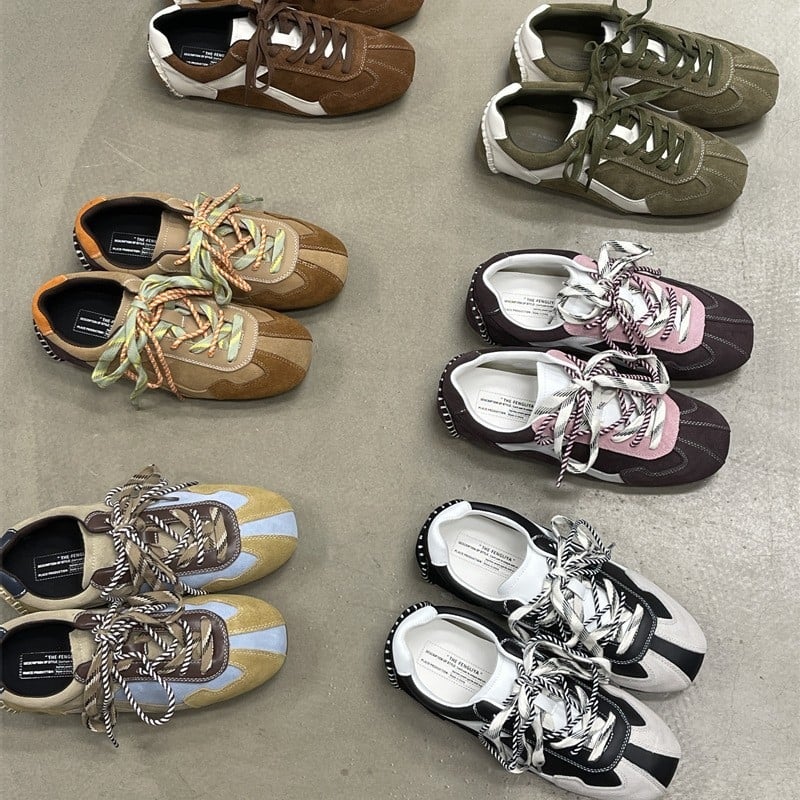 THE FENGLIYA Vintage Flat Shoes για γυναίκες, άνω μέρος από γνήσιο δέρμα, στρογγυλή μύτη, ύψος φτέρνας 3–5 εκ., κούμπωμα με κορδόνια