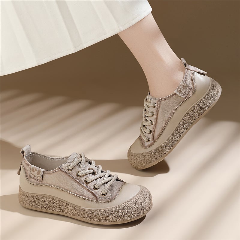 Ženske tenisice od prve sloje teleće kože, prednje vezivanje, PU Uložak, gumeni potplat, niski potplat