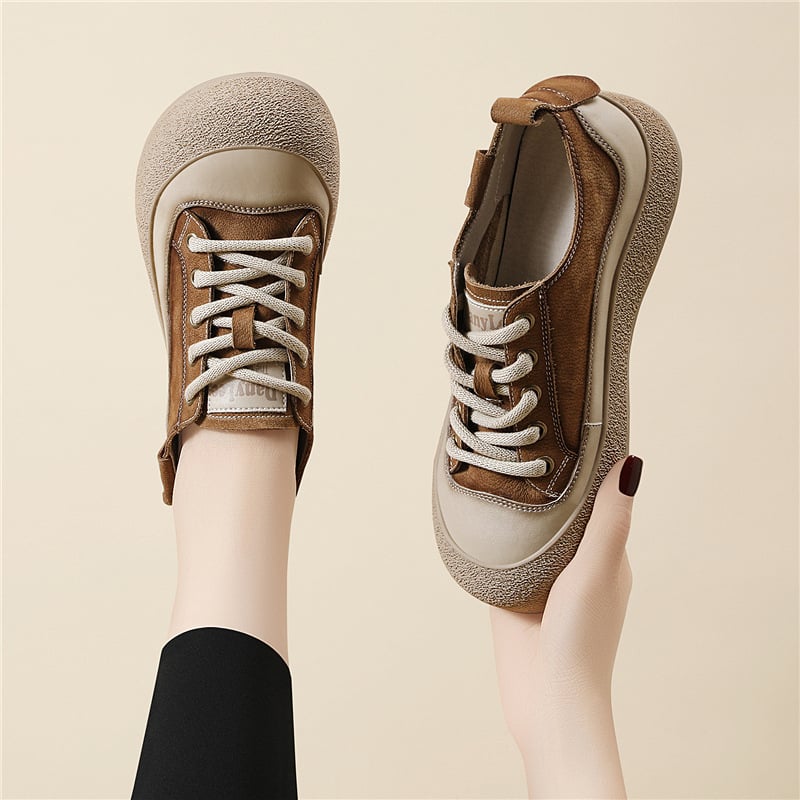 Ženske tenisice od prve sloje teleće kože, prednje vezivanje, PU Uložak, gumeni potplat, niski potplat