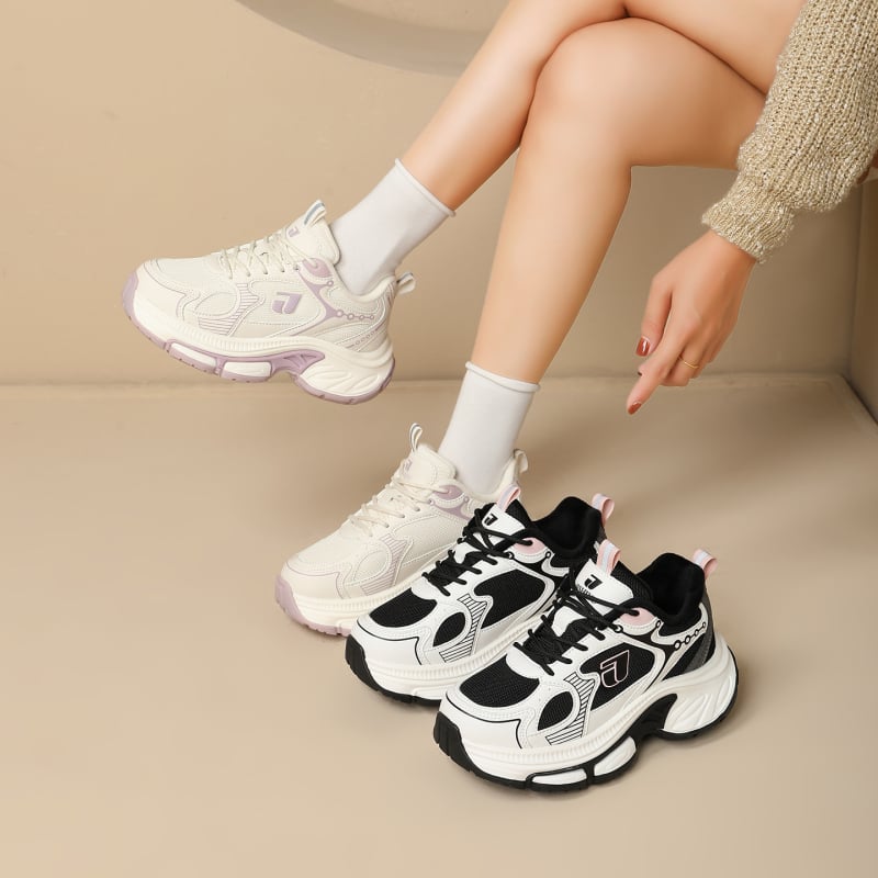 Sieviešu sporta kurpes ar plašu un biezu zoli, pūkaina iekšējā odere un augstuma palielinājums — elpojošs tīkla augšējais materiāls, gumijas zole, piemērots skriešanai ziemā