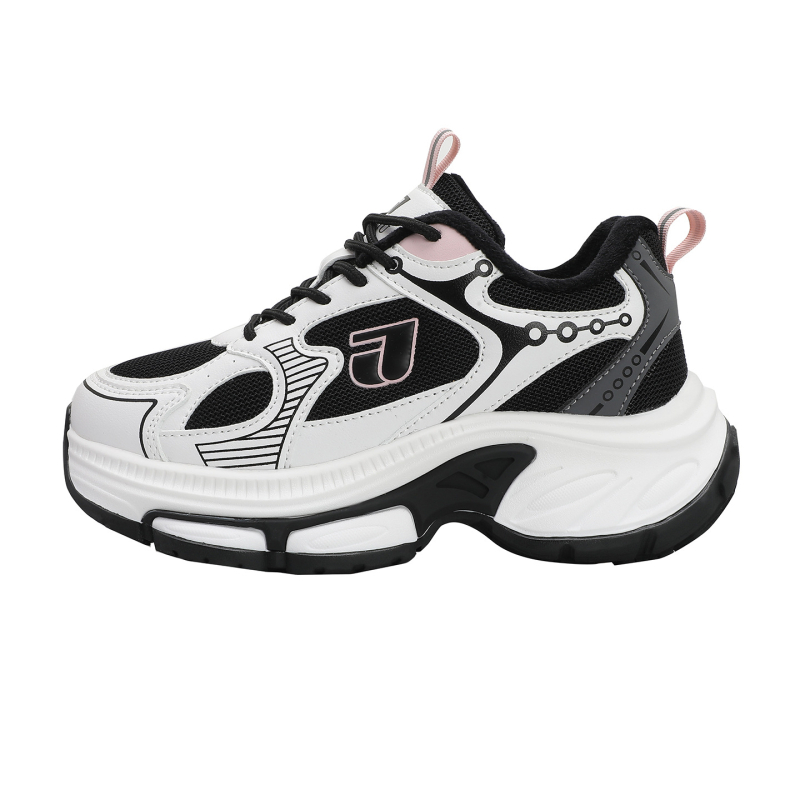 Sieviešu sporta kurpes ar plašu un biezu zoli, pūkaina iekšējā odere un augstuma palielinājums — elpojošs tīkla augšējais materiāls, gumijas zole, piemērots skriešanai ziemā