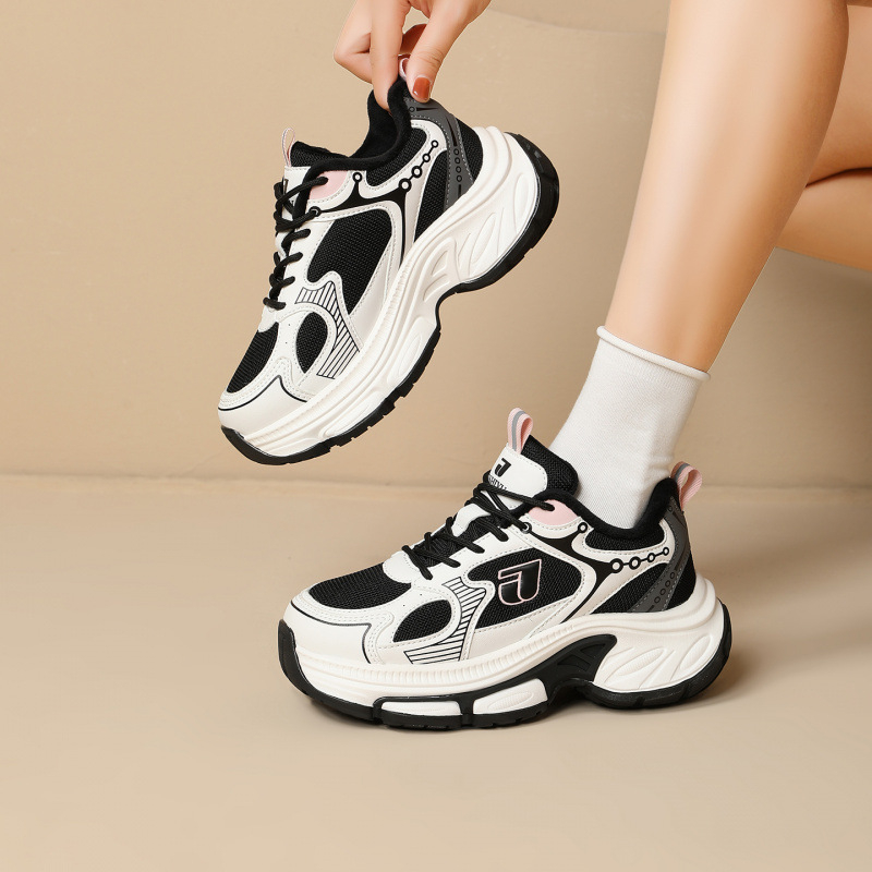 Sieviešu sporta kurpes ar plašu un biezu zoli, pūkaina iekšējā odere un augstuma palielinājums — elpojošs tīkla augšējais materiāls, gumijas zole, piemērots skriešanai ziemā