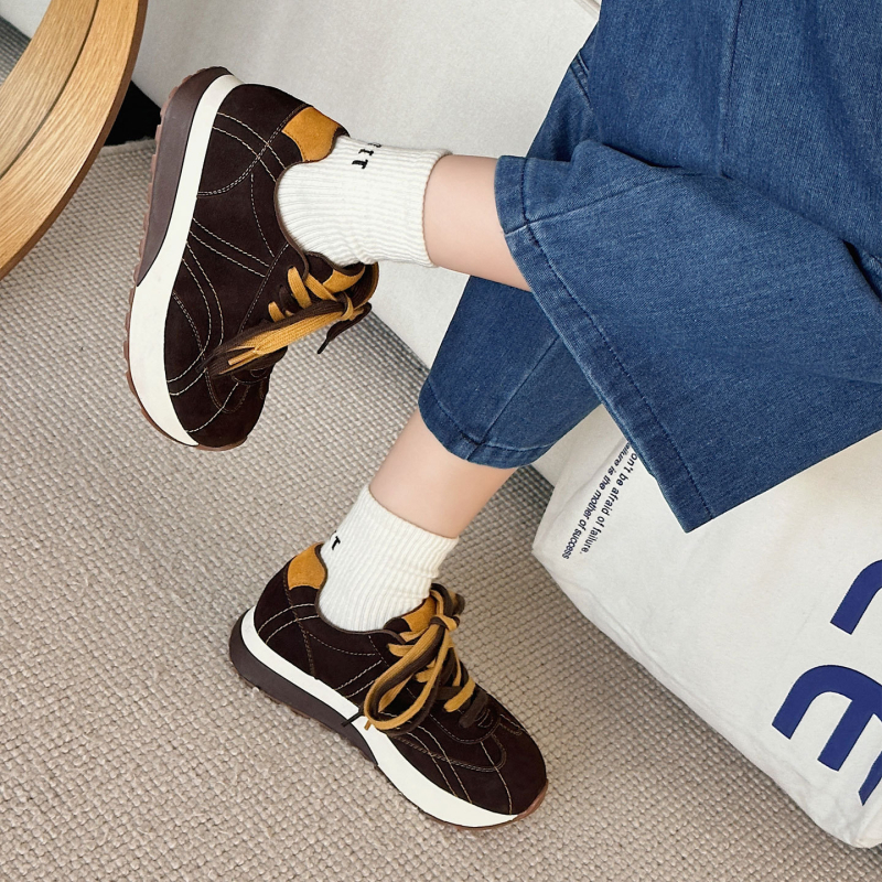 Női Forrest Gump cipő, nubuk bőr marha, kerek orr, fűzők, 3–5 cm sarka