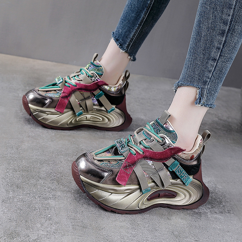 Ženske Dad Shoes – gornji dio od svinjske kože, okrugli vrh, visina pete 6–8 cm, retro debeli potplat, lagane, protivklizne