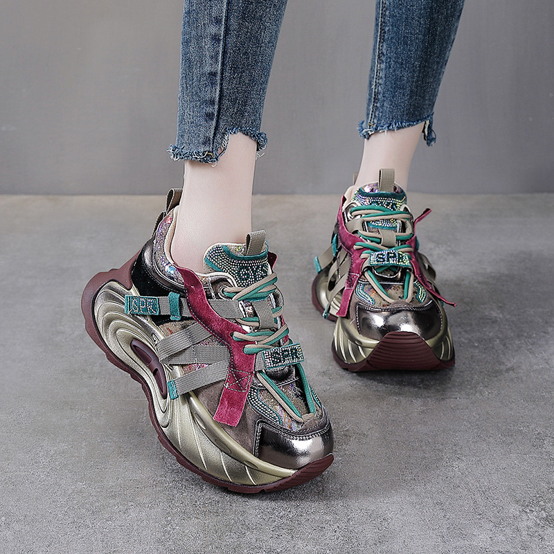Ženske Dad Shoes – gornji dio od svinjske kože, okrugli vrh, visina pete 6–8 cm, retro debeli potplat, lagane, protivklizne
