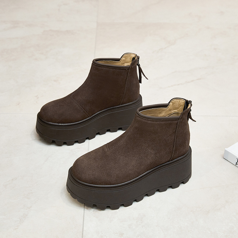 Ženske platforme od velura s vunenom podstavom, gumom, okruglim nosom, debelom platformom, zimski model