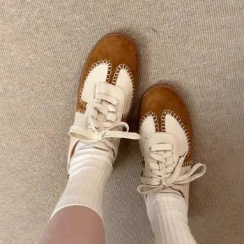 Dexun ženske tenisice od teleće kože, vintage casual stil, okrugli vrh, niska debela peta 1–3 cm, vezanje sprijeda