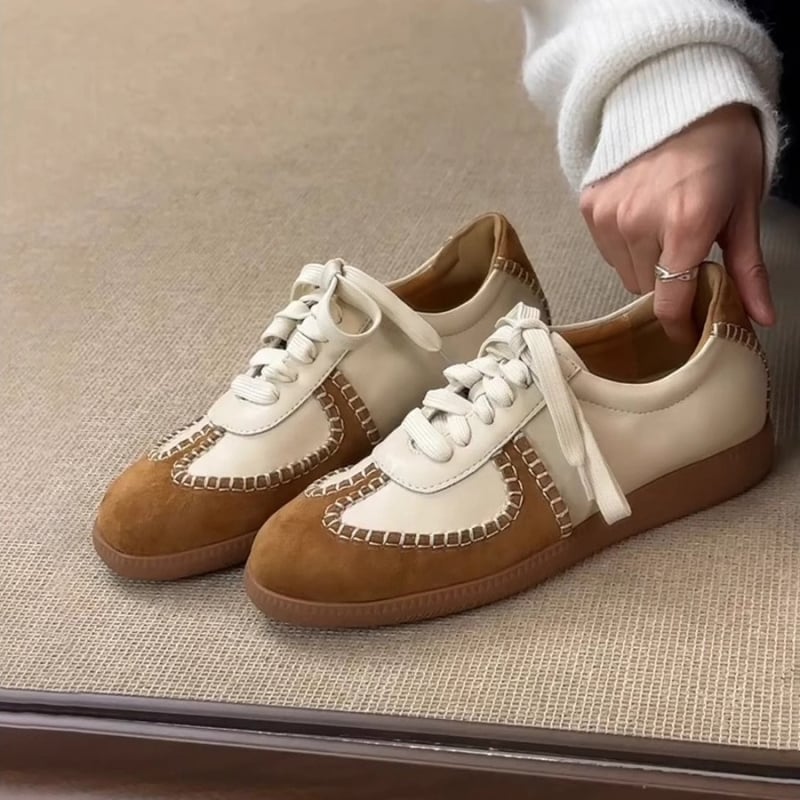 Dexun ženske tenisice od teleće kože, vintage casual stil, okrugli vrh, niska debela peta 1–3 cm, vezanje sprijeda