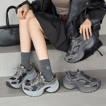 Pantofi de damă tip Dad Shoes, cu partea superioară din plasă, toc de 6–8 cm, talpă din cauciuc respirabilă, închidere cu șiret frontal