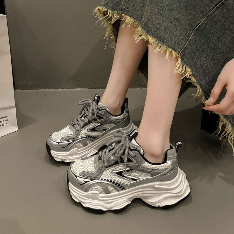 Ženske retro tenisice u hongkonškom stilu, chunky dad shoes, niski vrh, vezanje, Microfiber + mreža, gumena potplat, visina pete 3–5 cm, jesen 2024