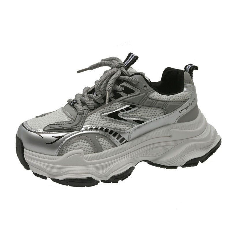 Ženske retro tenisice u hongkonškom stilu, chunky dad shoes, niski vrh, vezanje, Microfiber + mreža, gumena potplat, visina pete 3–5 cm, jesen 2024