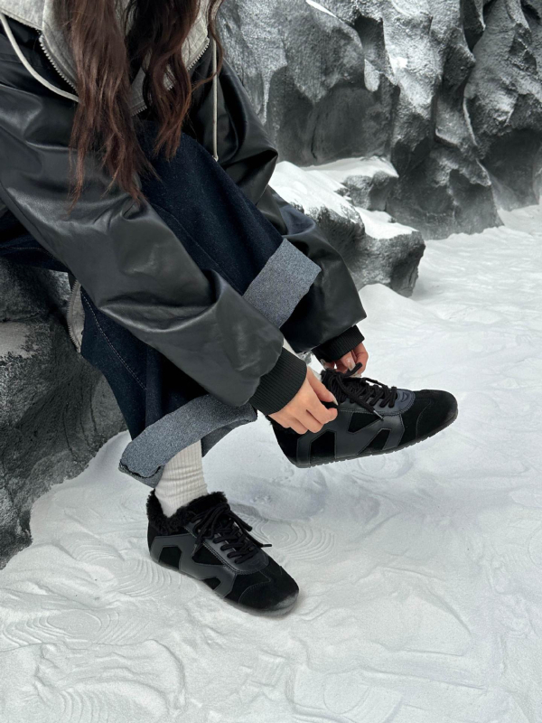 Prava koža gornji dio, s fleece podstavom, ženske casual tenisice s klinastim petom 3–5 cm, prednje vezivanje, gumeni đon
