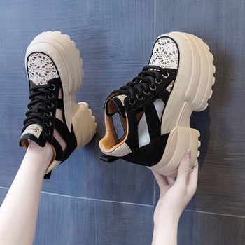 Ženske platforme sandale sa skrivenim petom, zatvorenim prstom, prednje vezanje, PU gornji dio, gumeni đon