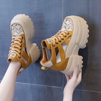 Ženske platforme sandale sa skrivenim petom, zatvorenim prstom, prednje vezanje, PU gornji dio, gumeni đon