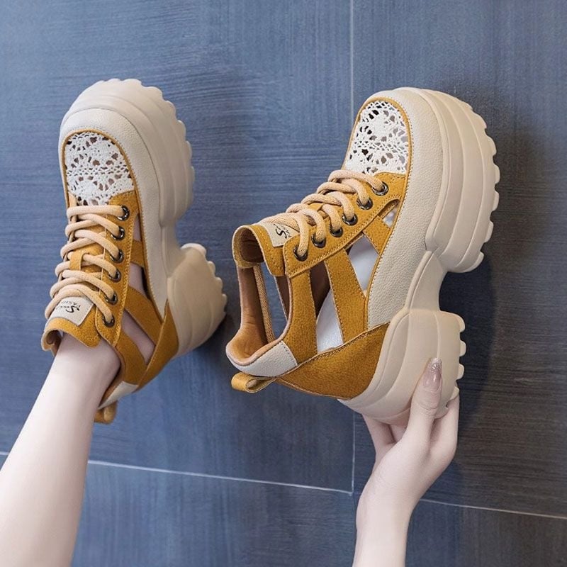 Ženske platforme sandale sa skrivenim petom, zatvorenim prstom, prednje vezanje, PU gornji dio, gumeni đon