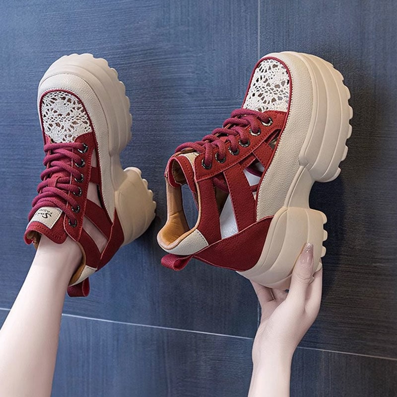 Ženske platforme sandale sa skrivenim petom, zatvorenim prstom, prednje vezanje, PU gornji dio, gumeni đon