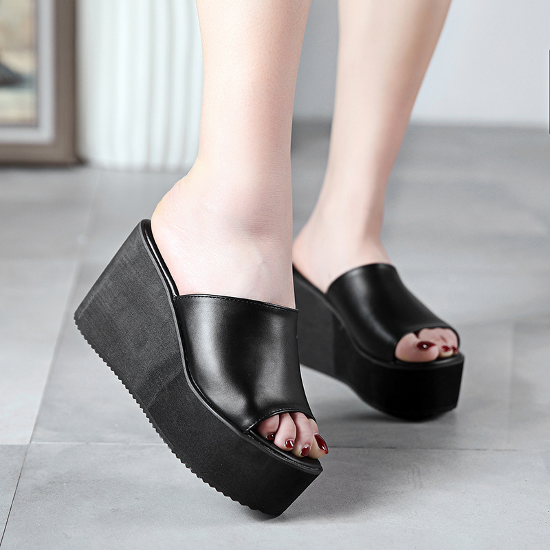 Sandale s klinom u obliku ribljeg usta, PVC gornji dio, 10 cm visina pete, bubljasta potplata, korejski stil