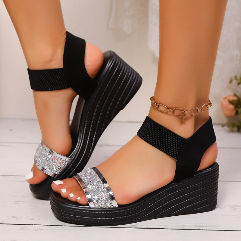 Ženske rimske sandale s klinastim petom i debelom potplatom, elastični slip-on, okrugli vrh, PU gornji dio