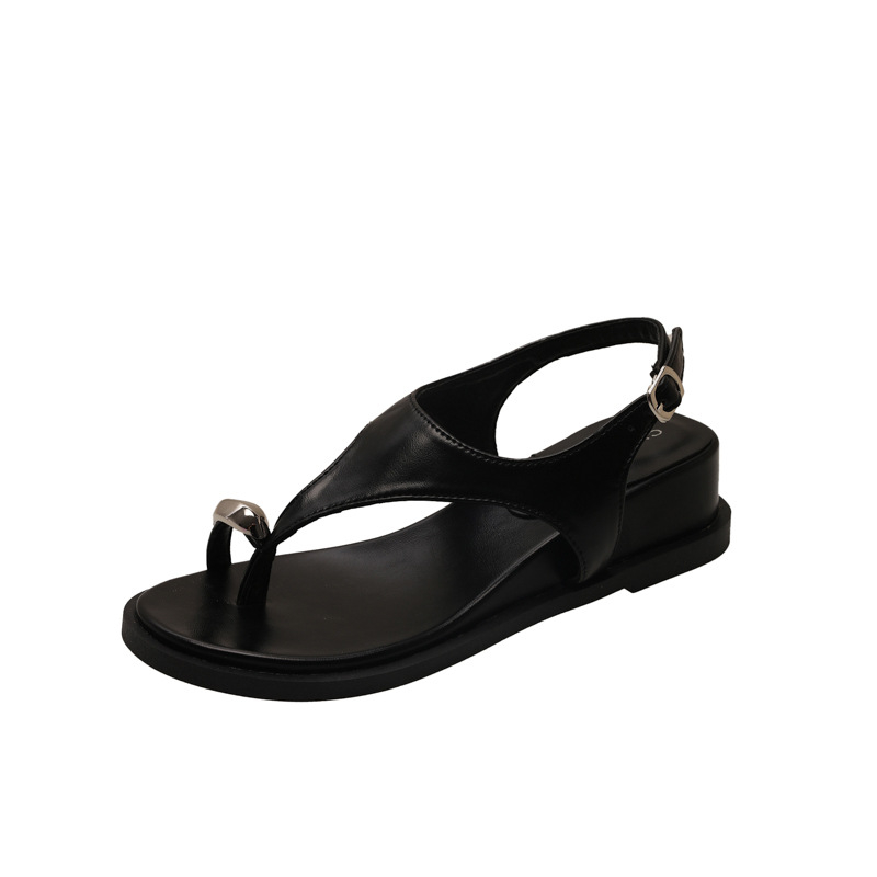 Sandale na klin s metalnom kopčom, PU gornji dio, okrugli vrh, slip-on, za žene, ljeto 2025