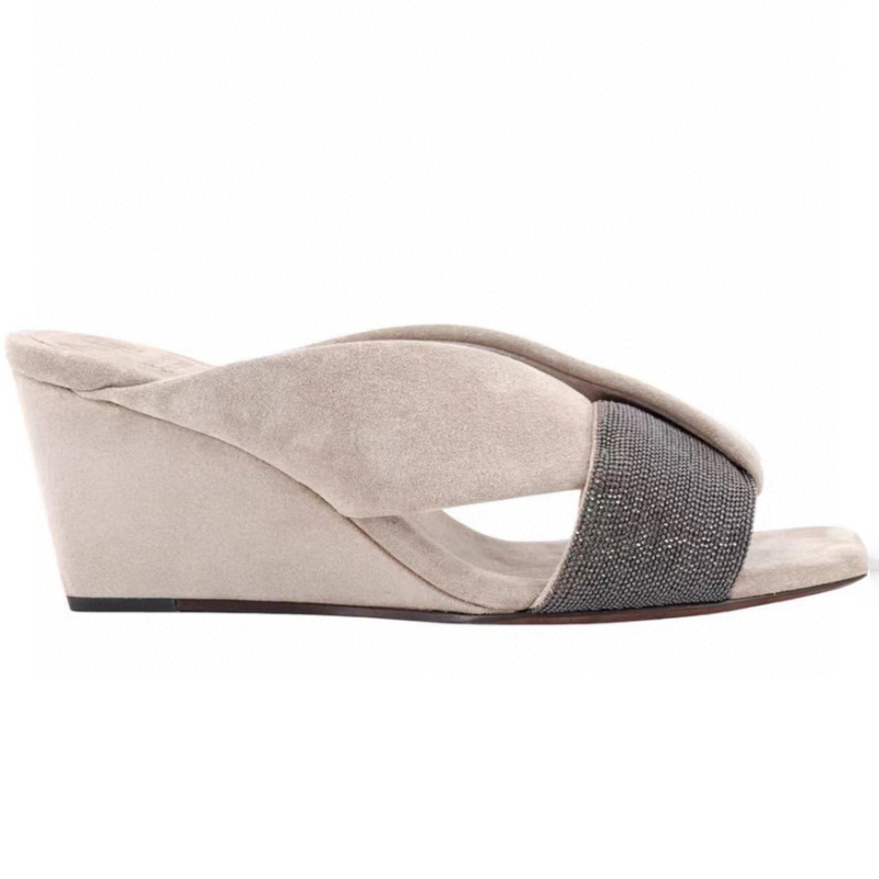 ZOE женски клиновидни сандали от естествена кожа с квадратен нос, вътрешност от овча кожа и гумирана подметка