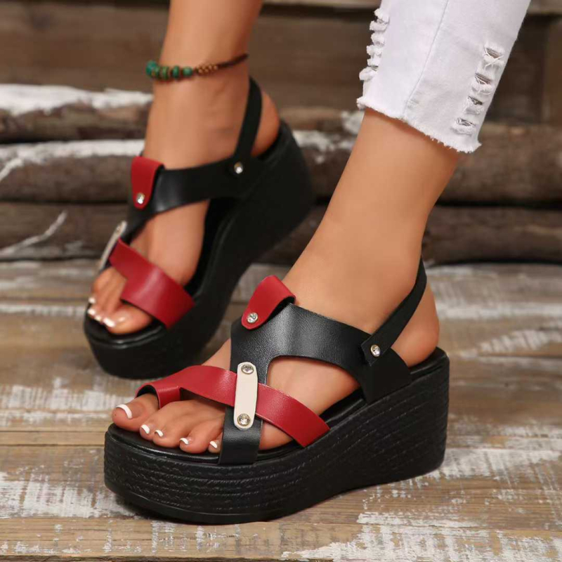 Rimske sandale s prstom u obliku riblje usta, PU gornji dio, PU potplat, kopča, klinasti potplat 6–8 cm