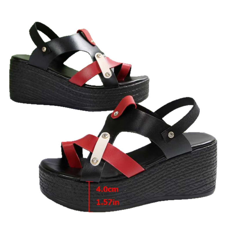 Rimske sandale s prstom u obliku riblje usta, PU gornji dio, PU potplat, kopča, klinasti potplat 6–8 cm