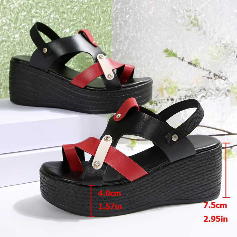 Rimske sandale s prstom u obliku riblje usta, PU gornji dio, PU potplat, kopča, klinasti potplat 6–8 cm