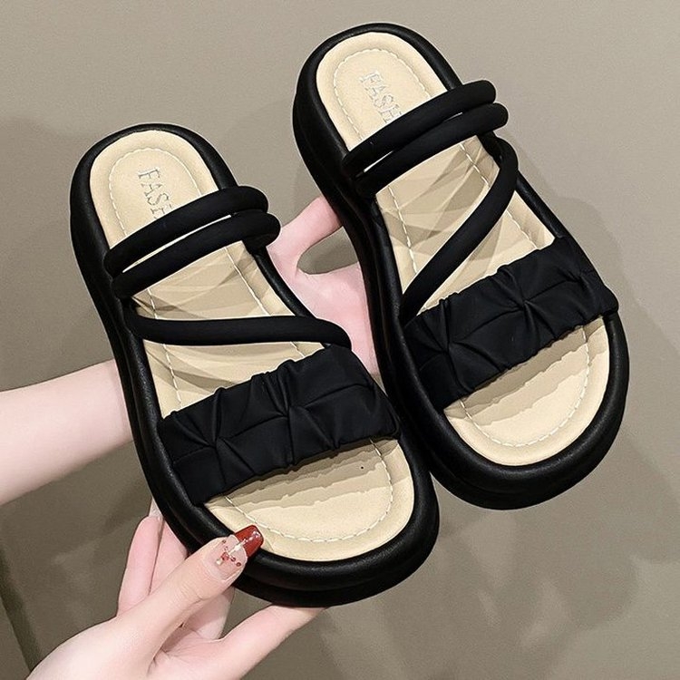 Ženske sandale za plažu s perlicama i klinom — otvoreni prst, slip-on, gumena potplat, casual ljeto 2025