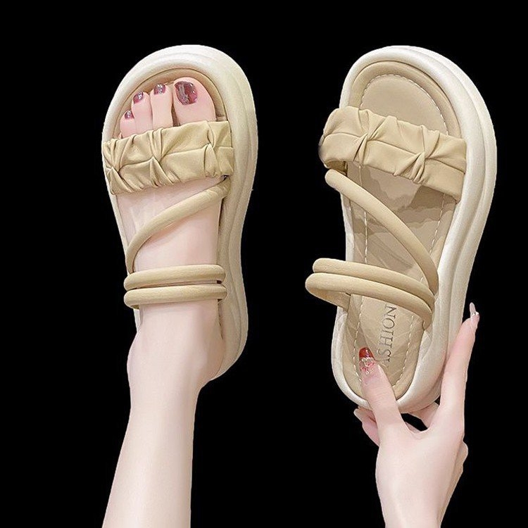 Ženske sandale za plažu s perlicama i klinom — otvoreni prst, slip-on, gumena potplat, casual ljeto 2025