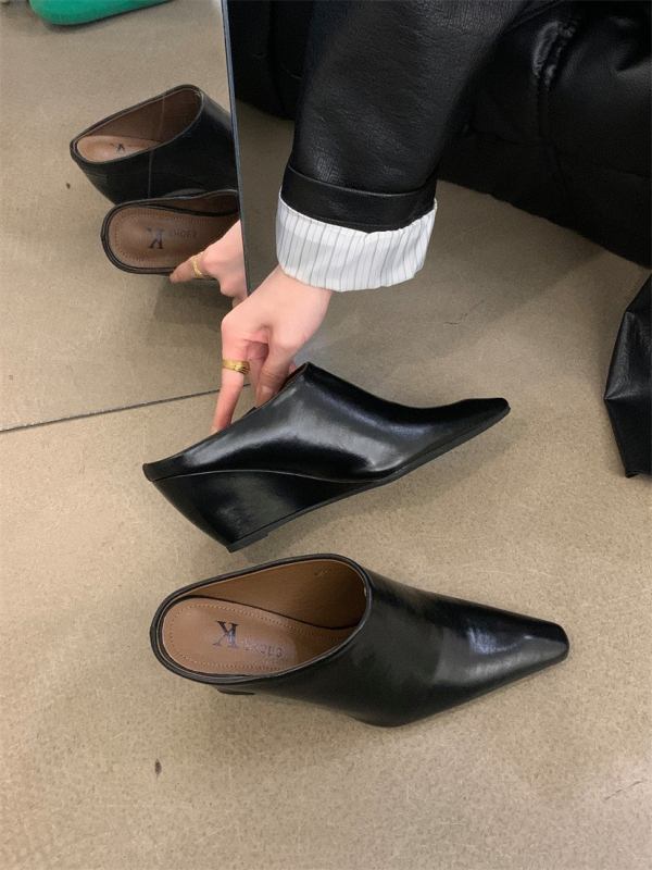 Papuci cu toc cu vârf închis, stil european-american, slip-on, design de nișă, primăvară 2024; exterior PU; vârf pătrat; talpă PU; interior PU