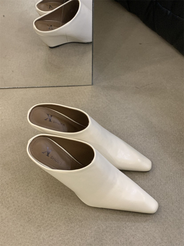 Papuci cu toc cu vârf închis, stil european-american, slip-on, design de nișă, primăvară 2024; exterior PU; vârf pătrat; talpă PU; interior PU