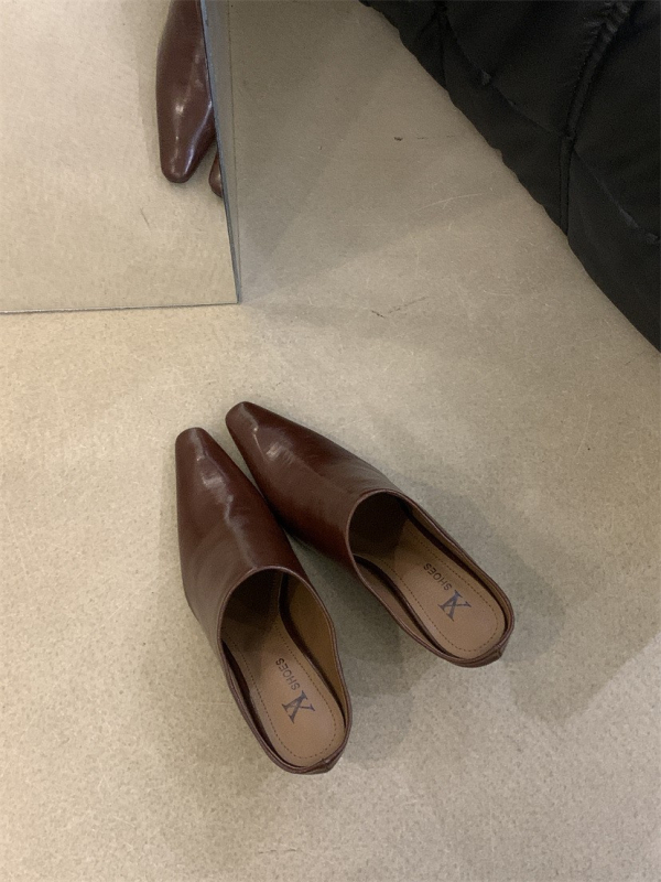Papuci cu toc cu vârf închis, stil european-american, slip-on, design de nișă, primăvară 2024; exterior PU; vârf pătrat; talpă PU; interior PU