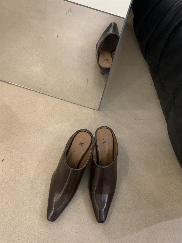 Papuci cu toc cu vârf închis, stil european-american, slip-on, design de nișă, primăvară 2024; exterior PU; vârf pătrat; talpă PU; interior PU