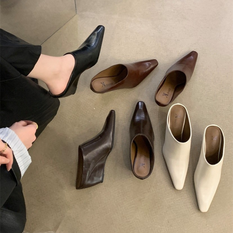 Papuci cu toc cu vârf închis, stil european-american, slip-on, design de nișă, primăvară 2024; exterior PU; vârf pătrat; talpă PU; interior PU