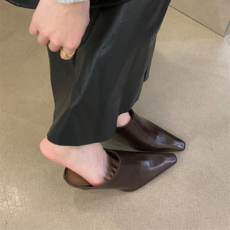 Papuci cu toc cu vârf închis, stil european-american, slip-on, design de nișă, primăvară 2024; exterior PU; vârf pătrat; talpă PU; interior PU