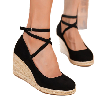 Sandale espadrile damă din velur, curea cu cataramă, vârf rotund, talpă TPR