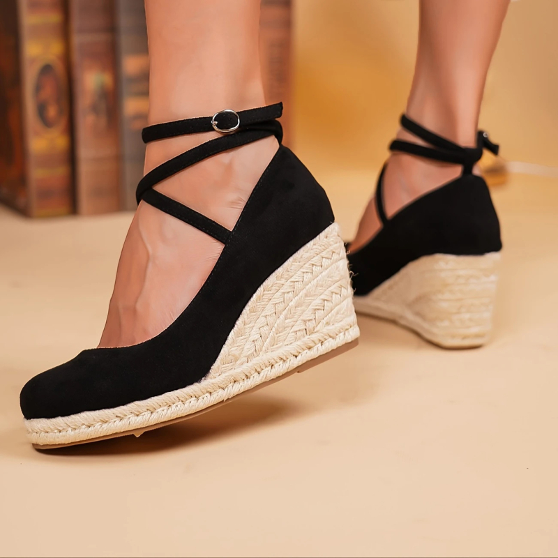 Sandale espadrile damă din velur, curea cu cataramă, vârf rotund, talpă TPR