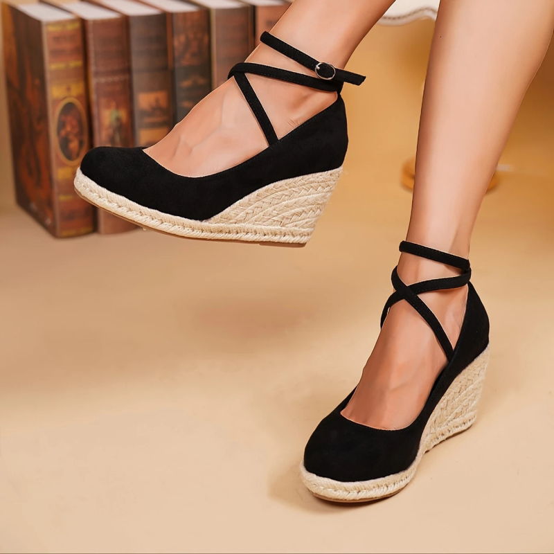 Sandale espadrile damă din velur, curea cu cataramă, vârf rotund, talpă TPR