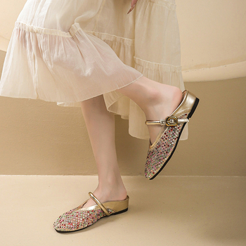 Pantofi femei cu deget închis, partea superioară din plasă, cu strasuri, slip-on, toc tip șa 3–5 cm, talpă din cauciuc, ușori, antiaderare, confortabili, pentru casă și exterior, vară 2025