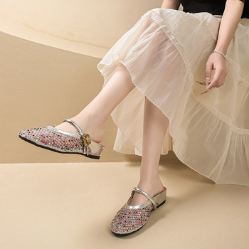 Pantofi femei cu deget închis, partea superioară din plasă, cu strasuri, slip-on, toc tip șa 3–5 cm, talpă din cauciuc, ușori, antiaderare, confortabili, pentru casă și exterior, vară 2025