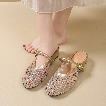 Pantofi femei cu deget închis, partea superioară din plasă, cu strasuri, slip-on, toc tip șa 3–5 cm, talpă din cauciuc, ușori, antiaderare, confortabili, pentru casă și exterior, vară 2025