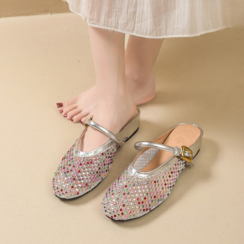 Pantofi femei cu deget închis, partea superioară din plasă, cu strasuri, slip-on, toc tip șa 3–5 cm, talpă din cauciuc, ușori, antiaderare, confortabili, pentru casă și exterior, vară 2025